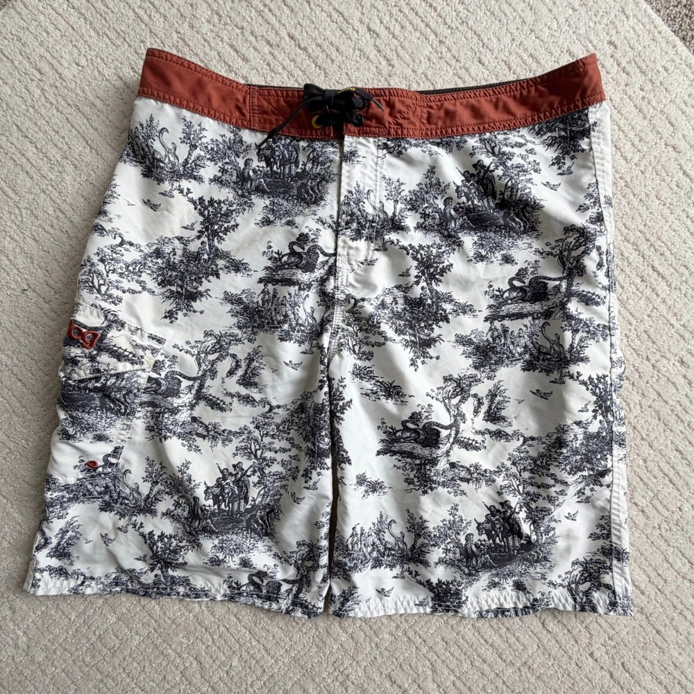 Analog Mens Board Shorts Toile Print Swim Trunks White Black Rust Size 36M Beach